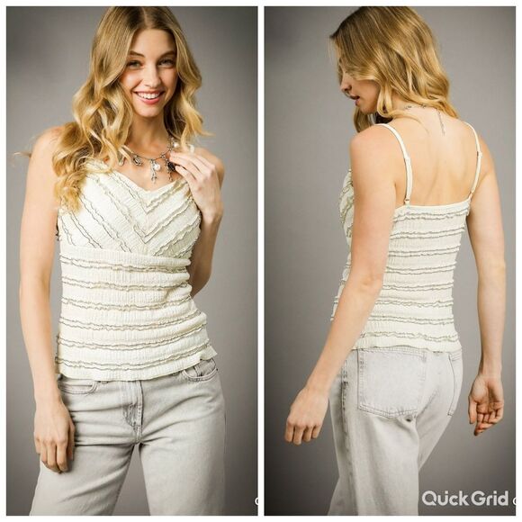 Umgee Textured Chevron Ruffle Cream Cami Tank Top Summwr Casual Medium - Picture 1 of 6